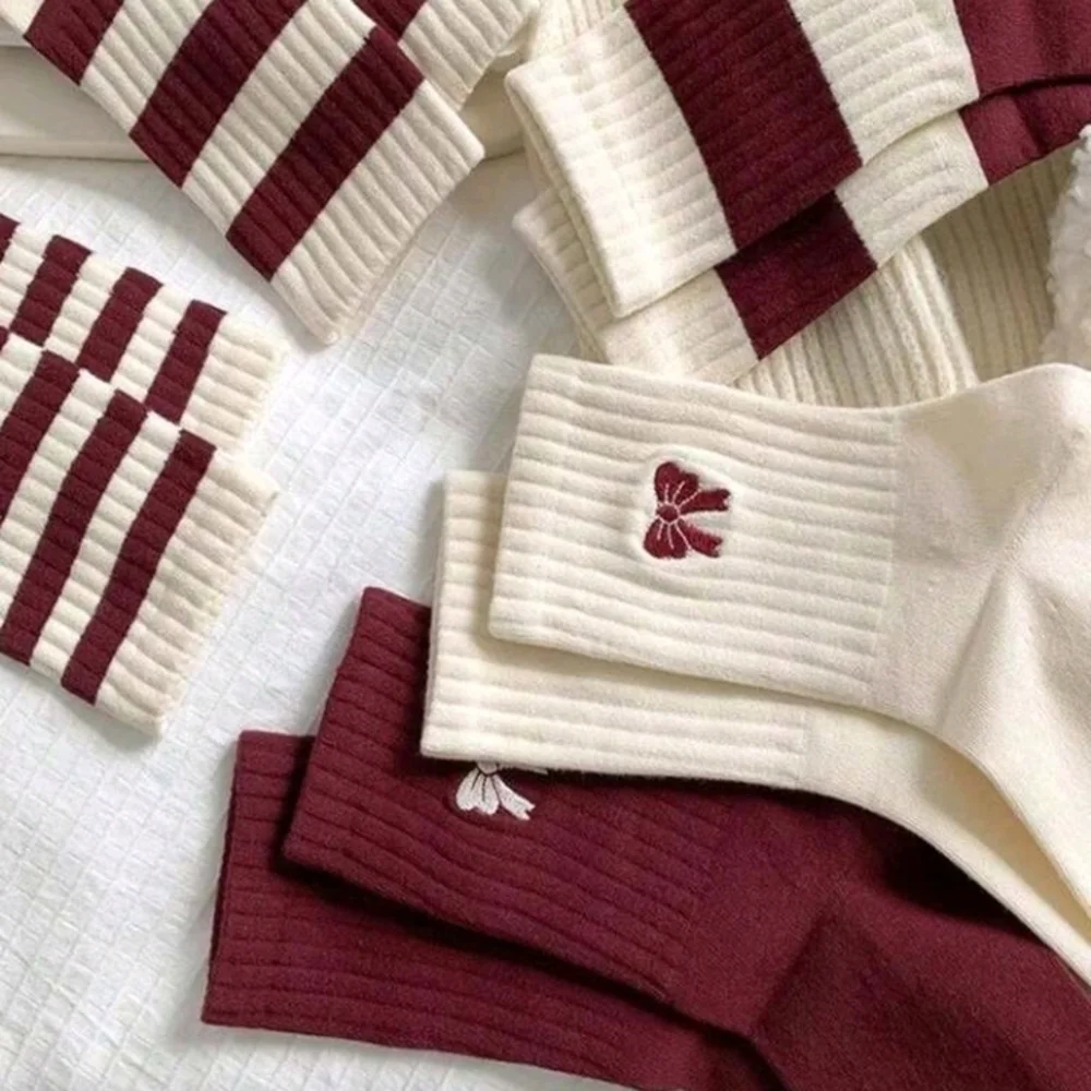 Stylish Maroon And Off White Solid And Stripes Socks Set Of 5